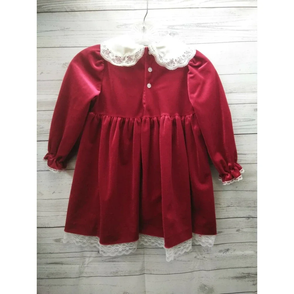 Vtg Roanna Girl Velvet Red Circle Lace Frilly Dress USA Collared Long Sleev Sz 6